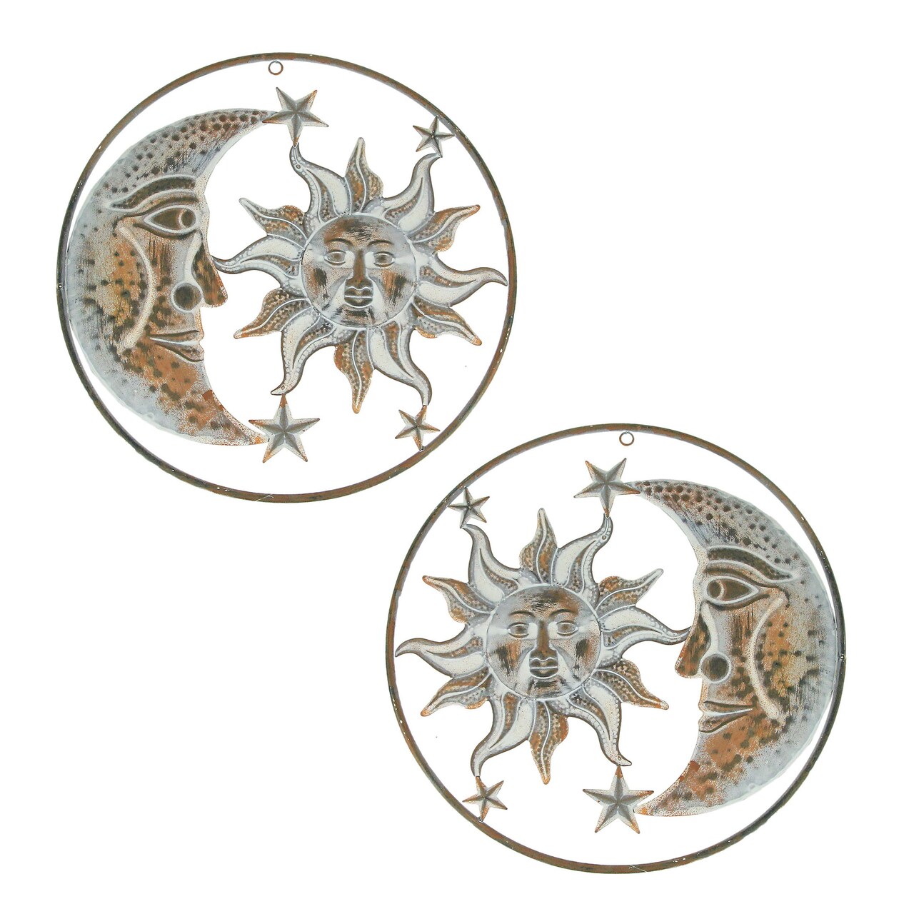 Rusty White Metal Indoor Outdoor Celestial Sun Moon and Stars Wall Decor Set